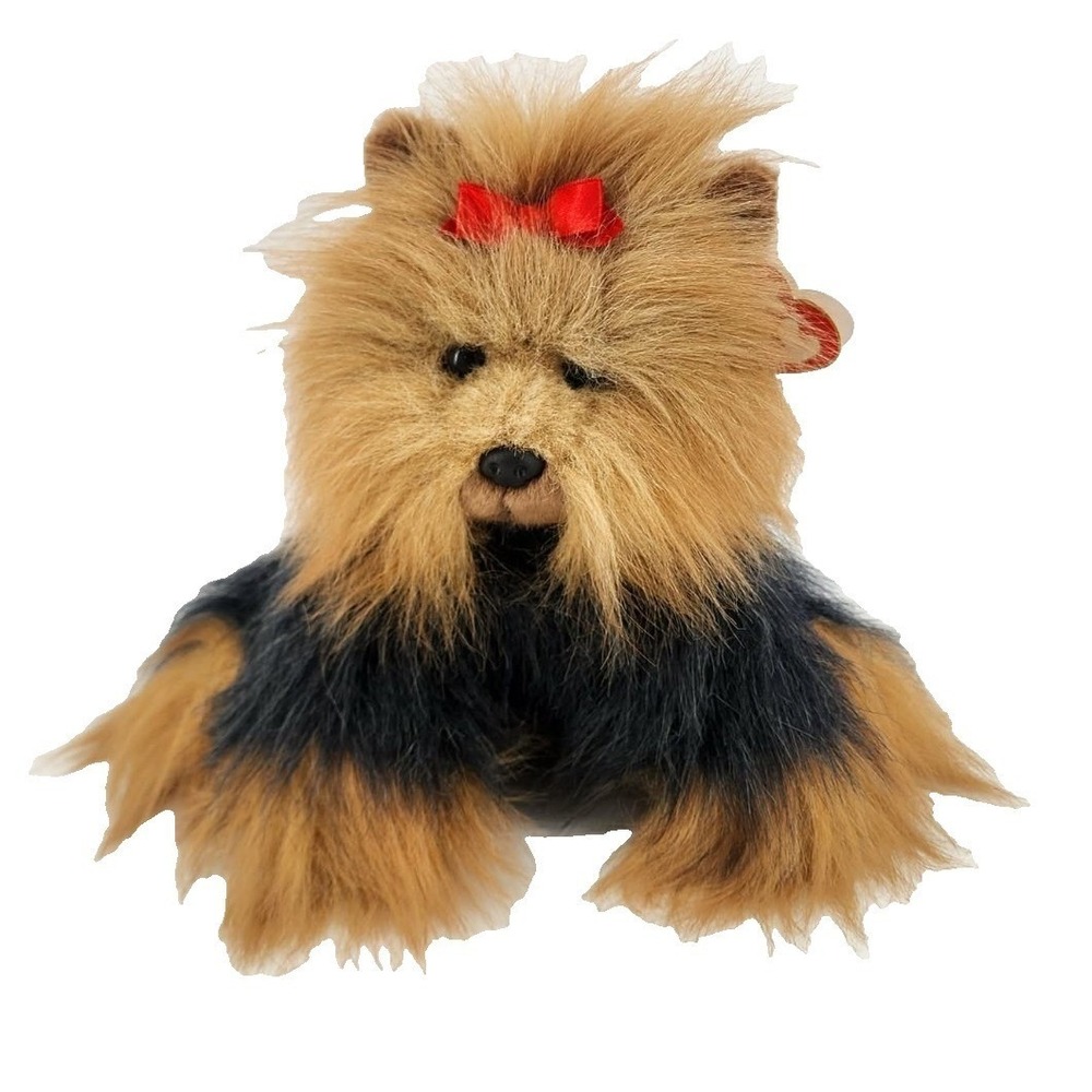 VTG Ty Beanie Baby Tuffy the Terrier Yorkie Dog Plush Black Tan Red Bow‎ 1997
